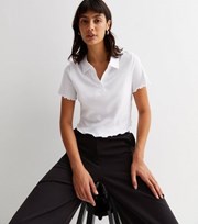 New Look White Ribbed Frill Short Sleeve Polo T-Shirt